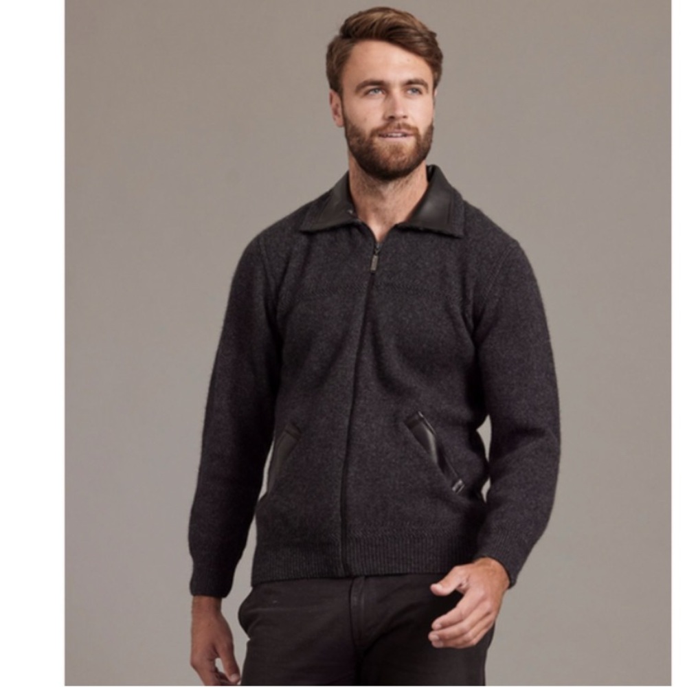 McDONALD New Zealand Wool Possum Silk Zip Sweater Leather Trim Jacket Charcoal